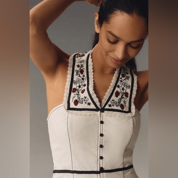 Maeve x Anthropologie Retro Strawberry Cotton Halter Midi Dress, Size 10 - Picture 3 of 8